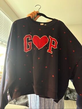 GAP Navy Crew Sweatshirt with Red Heart Logo and Tiny Hearts